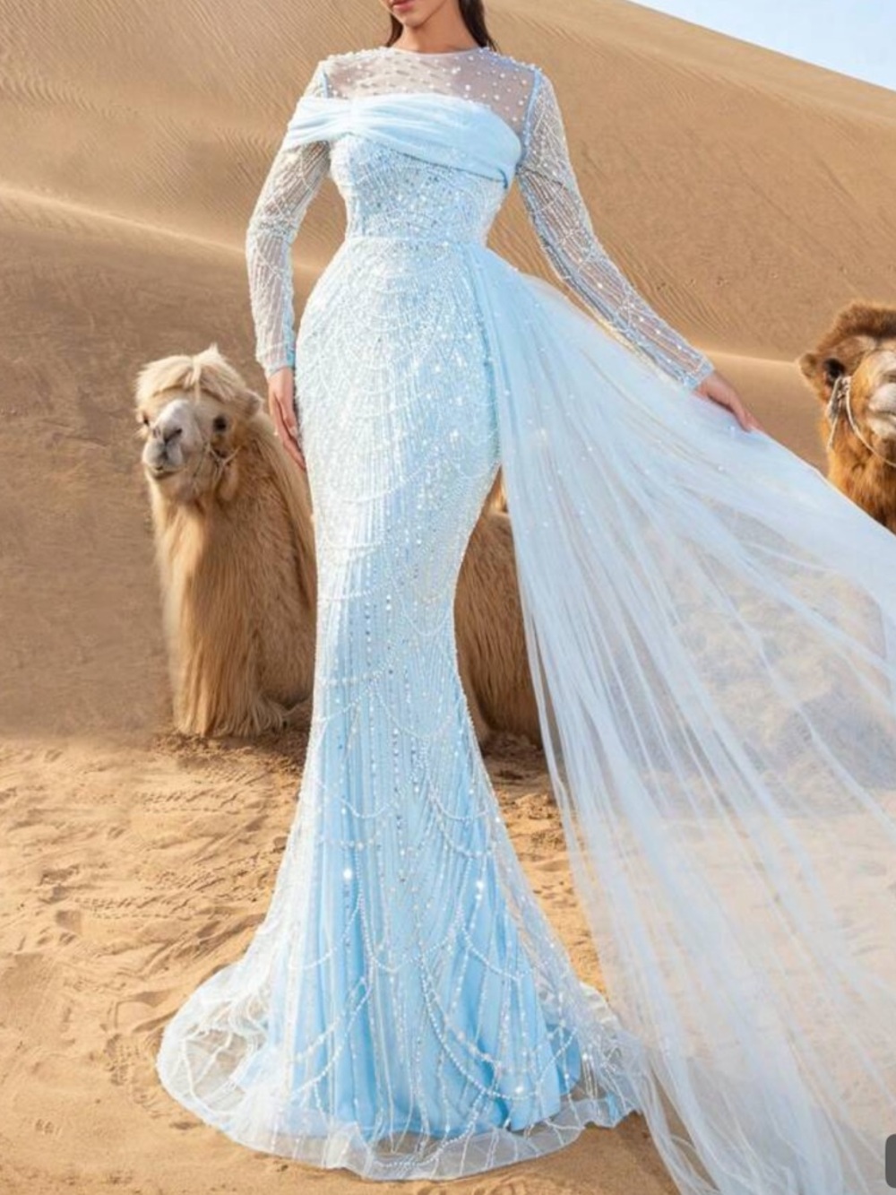 Elegant Light Blue Beaded Mermaid Evening Gown NWT
